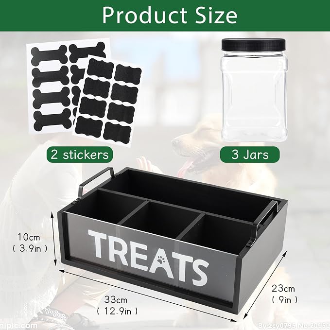 Dog Treat Container for Countertop, Pet Treat Storage Organizer with 3 Jars and Compartments, Cat Food Container with Handle, Dog Treat Organizer Bin