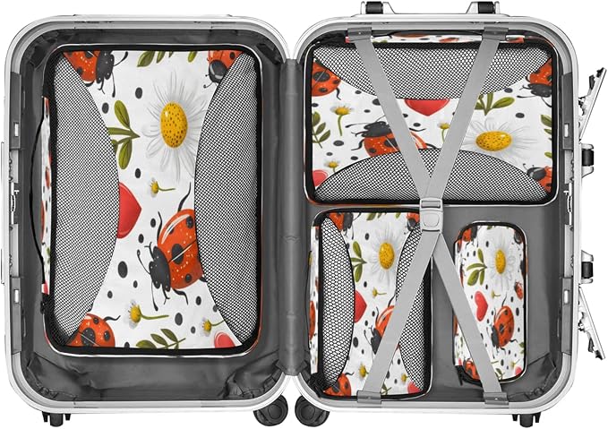 Packing Cubes for Travel, Cute Ladybugs Travel Luggage Packing Organizers for Women Men, Large Custom Toiletries Bag for Cosmetics Toiletries, Daisy Floral