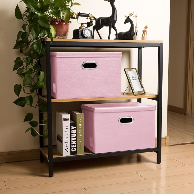 Foldable Storage Bins with Lids [5-Pack] Leather Fabric Collapsible Storage Boxes Organizer Containers Baskets Cube with Cover for Bedroom Closet Office Nursery Pink (14.9x10.8x10)