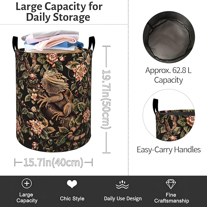 Bearded Dragon Laundry Basket, Vintage Floral Foldable Oxford Cloth, Waterproof Dirty Clothes Hamper with Handles, Clothing Storage Bin Toy Organizer for Bedroom Dorm Bathroom, 19.7"x15.7"
