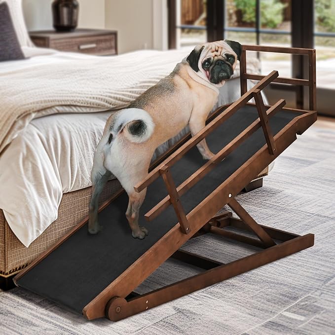 Dog Ramp for Bed & Couch, Foldable Wooden Pet Ramp, 5 Adjustable Heights | Height up to 23.5", Portable Dog Ramp with Non-Slip Rubber Surface & Safety Railings, Pet Ramp for Small, Large, Senior Dogs
