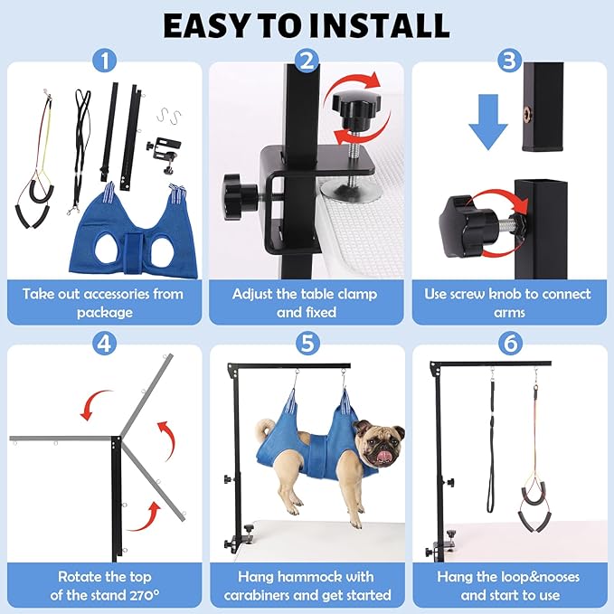 Dog Grooming Arm with Clamp Hammock with Back Buckle , Adjustable Pet Grooming Table for Small Dogs at Home, Heavy Duty Dog Grooming Stand & Sling for Nail Trimming, Groomers Helper Kit, Carrying Case