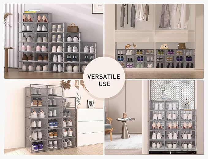 Kuject X-Large Shoe Storage Boxes 12 Pack, Clear Stackable Shoe Organizer | Shoe Case for Closet, Entryway & Under-Bed Storage, Drop-Front Design, Space-Saving Solution for Family Organization,Grey