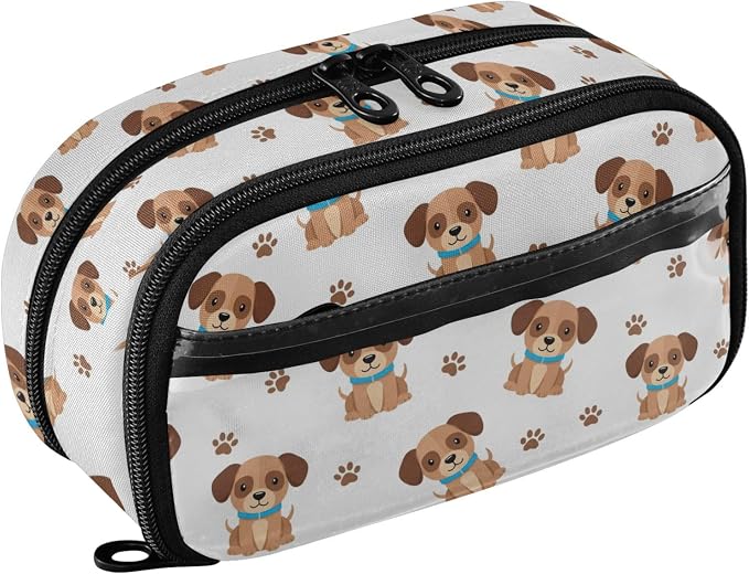 Cute Pets Puppies White pattern Large Capacity Pencil Case with Zipper Water Resistant Portable Organizer Pen Bag for Office Students School