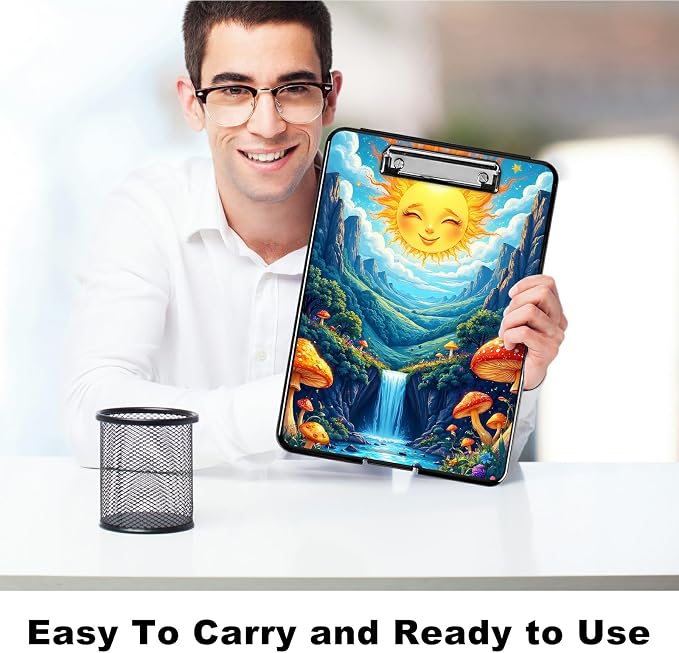 Heavy Duty Storage Clipboard, Slim Nursing Clipboard with Internal Pen Case, Portable File Organizer Case for A4 Letter Size Paper Office Medical Professionals, Stream Sun Mushroom