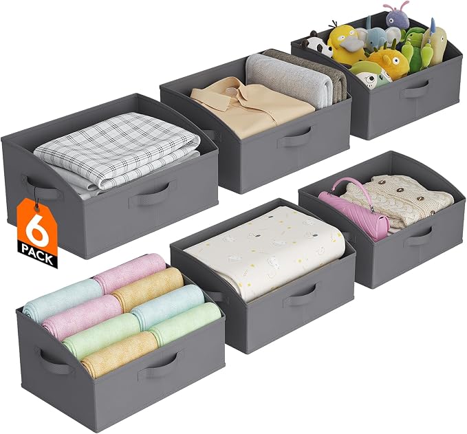 Lifewit Trapezoid Closet Storage Bin for Shelf, 6 Packs 19L, Gray | Non-woven Closet Organizer Baskets with Handles, Foldable Clothes Containers Boxes for Clothing, Book, Purse, Large