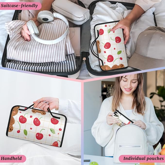 Cherry Makeup Bag for Women Hanging Roll-Up Travel Organizer Toiletry Kit with 4 Removable Compartments, Bear