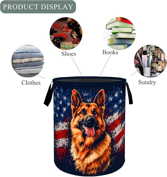 German Shepherd Flag Laundry Basket Hamper, Organizer Bins Gifts for Women Kids, Patriotic Foldable Dog Waterproof Clothes Hamper Handles Storage Bucket for Bedroom Bathroom Room Decor 19.7"x15.7"