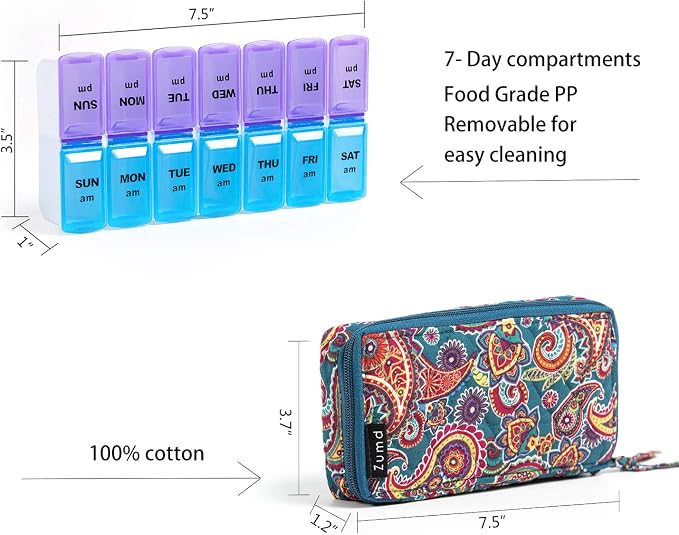 Weekly Pill Organizer 2 Times a Day, Zumd Pill Box 7 Day with Cute Quilted Fabric Zipper Case, Travel Pill Case Am Pm for Vitamin Medicine Organizer