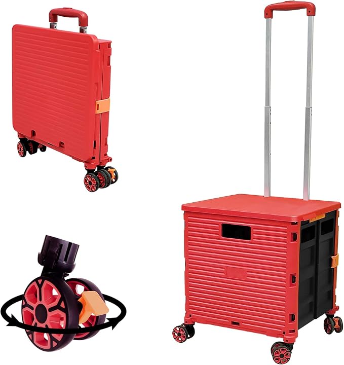 FELICON SELORSS Foldable Utility Cart Folding Portable Rolling Crate-Red | Durable,Heavy Duty,Plastic Box,Telescoping Handle,4 Rotate Wheels,Collapsible Handcart for Travel Shop Move Luggage Office