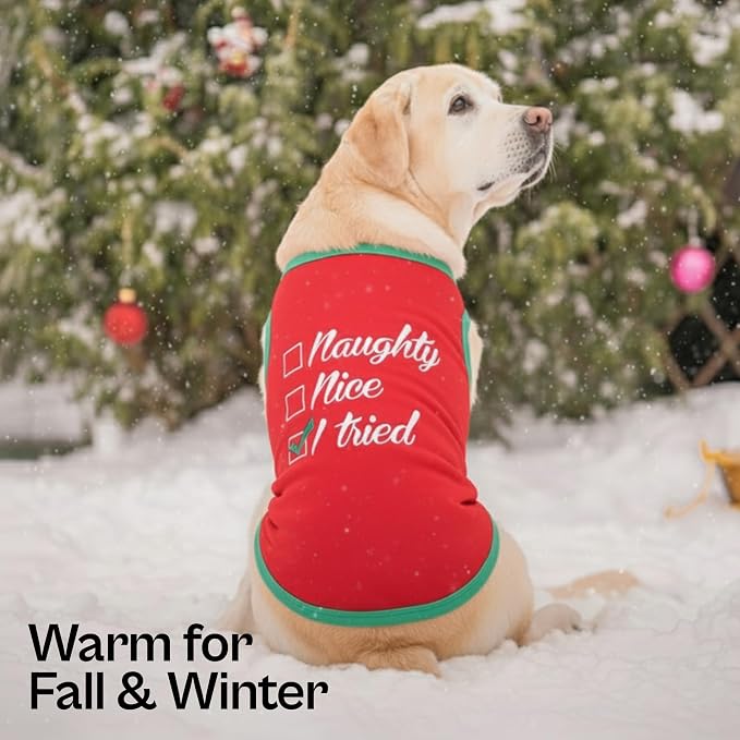 Parisian Pet Dog Tshirt - Embroidered “ Naughty Or Nice “ Dog Shirt - Lightweight Cotton Puppy Christmas Outfit - Sleeveless Funny Christmas Pet Clothes - Shirts for Large Dogs - 4XL