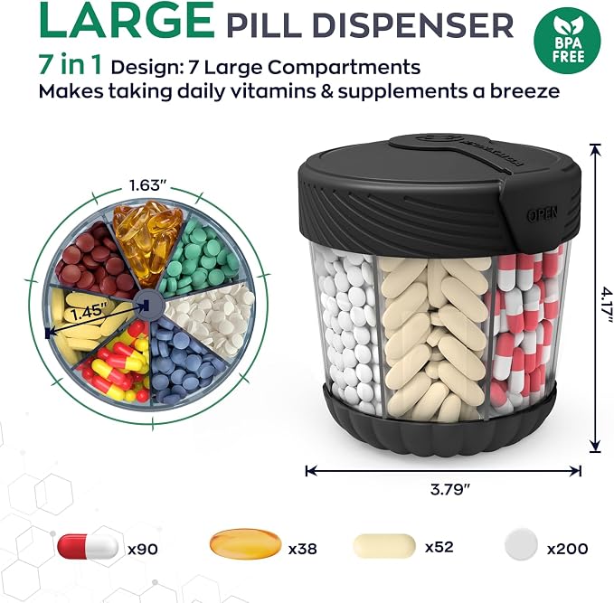HIONXMGA Large Pill Organizer Anti-Mix, 7-Compartment, 20 Labels, BPA-Free | Portable Pill Dispenser Easy to Open & Retrieve, Wide Opening Design Easy Access for Vitamins, Fish Oils, Supplements