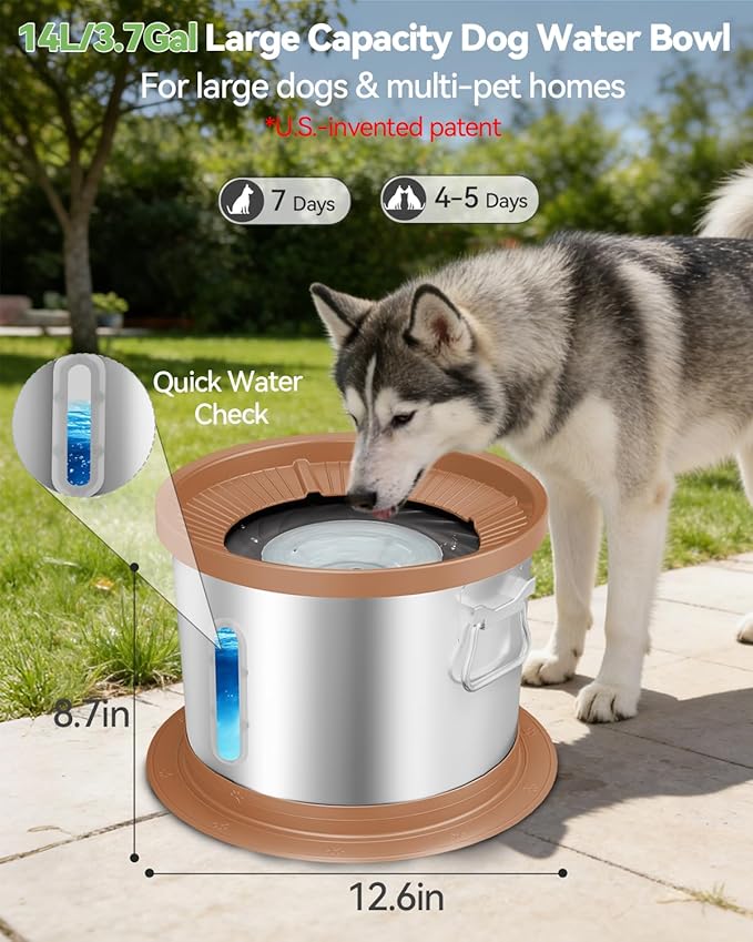UPSKY 14L No Spill Dog Water Bowl, Stainless Steel Spill Proof Dog Bowl with Water Window, Dual-Suction Anti-Slip Large Capacity Slow Drinking Bowl with Floating Disk for Large Dogs & Messy Drinkers