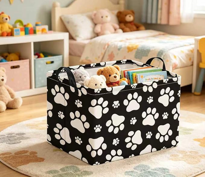 Rectangular Baby Kids Storage Basket for Home Kitchen Girls Cute Toy Storage Bin Organizer Shelf Book Room Decor(Black Paw)