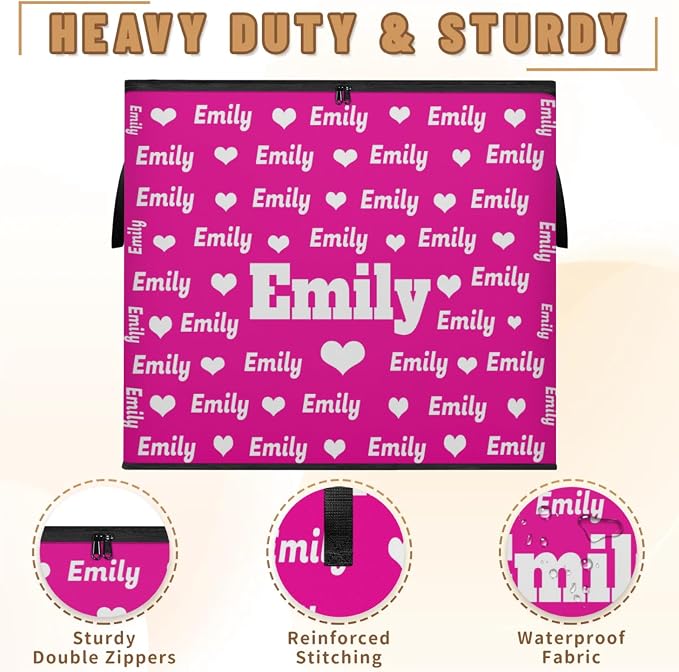 Custom Storage Baskets Cubes for Home with Name, Rosy Pink Background Love Hearts Large Foldable Organizer Collapsible Storage Bins for Home Blanket Comforters Clothes Closet Nursery