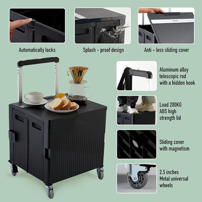 Folding Utility Cart Portable Rolling Crate Handcart Shopping Trolley Collapsible Tool Box, with Lid, on Rotate Wheels, for Grocery, Shopping, Office, Teacher, Camp,File (Black)
