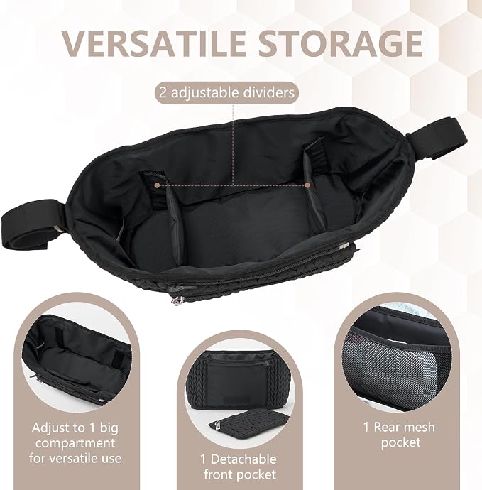 Stroller Organizer - Stylish Quilting Nylon, Universal Fit, Detachable Bag, Adjustable Multi-Storage for Baby Stroller and Pet Stroller（Black-A