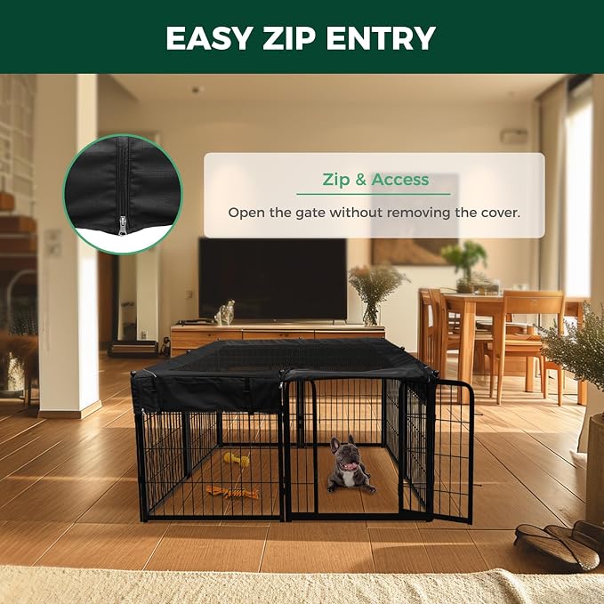 FXW Homeplus Indoor Dog Playpen with Mesh Top Cover, 24" H, 8 Panels | Calm Indoor Play Area, Cover Helps Deter Jump-Outs, for Puppies & Small Dogs, Patented