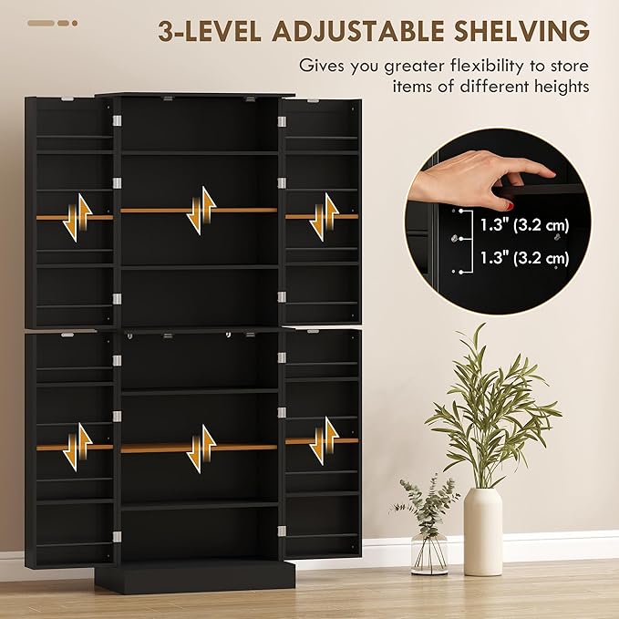 HOMCOM 65" Kitchen Pantry Storage Cabinet 16 Door Shelves Black | Freestanding Kitchen Cabinet, 4 Doors, 8-Tier Shelving, Adjustable Shelves