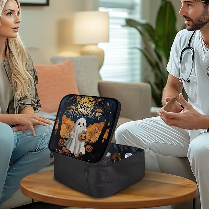 Halloween First Aid Kit Bag Ghost Pumpkin Empty First Aid Bag Medical Bag Empty Large Capacity for Home Office and Travel Use Lightweight Washable Soft Fabric