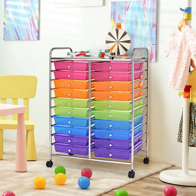 20 Drawer Rolling Storage Cart, Art Cart Organizer with Wheels for Makeup, Tool, Paper, Multipurpose Craft Storage Cart with Drawers for Office, Home, Classroom, Teacher, School (Rainbow)