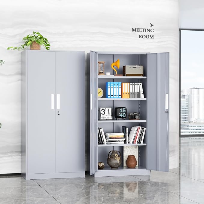 Crownland 72" Metal Storage Cabinet, Lockable Garage Storage Cabinets, High Office Cabinet with Adjustable Shelves for Garage, Home Office, Classroom, Pantry, File(Cement Grey-Narrow Size)