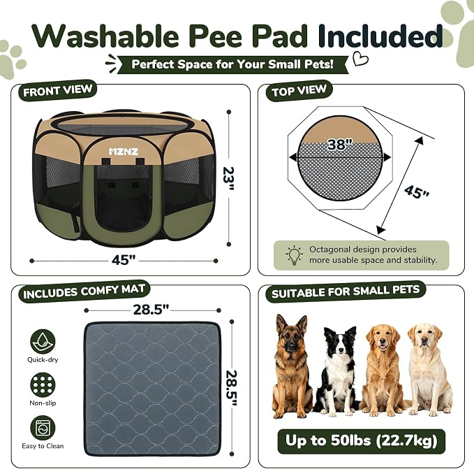 Dog Cat Small Animal Puppy Playpen with Pee Pad, Large, Olive Green | Portable Pop Up Pet Cage Enclosure Tent Kennel Indoor Outdoor with Carrying Case, No Assembly, Camping Use