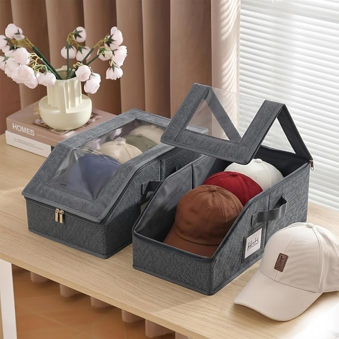 Furlide Hat Organizer for Baseball Caps, 2 Pack Stackable Storage Boxes | Protects 24-30 Caps From Dust and Pet Hair; Stackable Base, Clear Window, Front Opening and Handles Simplify Closet Storage.