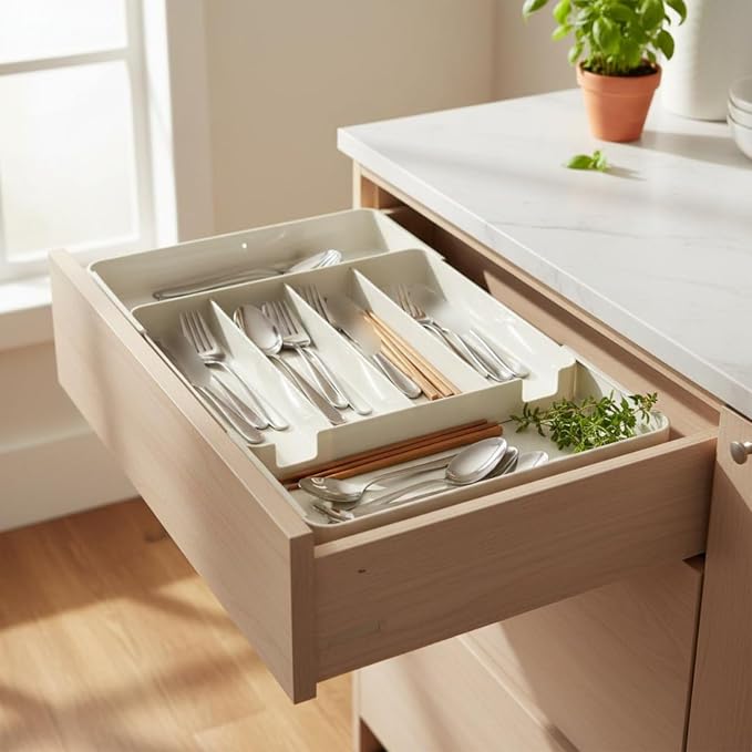 Drawer Organizer Expandable Cutlery Tray Utensil Holder Kitchen Divider With Modular Layout PET Build Smooth Corners To Protect Hands Suitable for