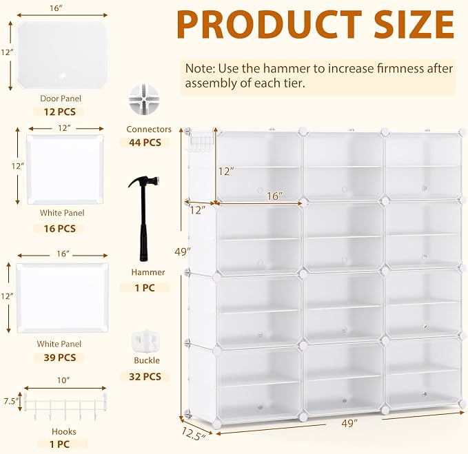 GOFLAME Portable Shoe Rack Organizer, 48 Pairs Expandable Modular Shoe Storage Cabinet with Doors, Adjustable Panels, 8-Tier DIY Shoe Shelves for Closet, Hallway, Entryway, Easy Assembly, White