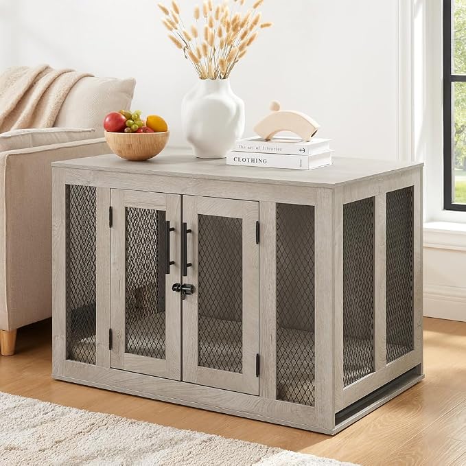 unipaws 37 Inch Furniture Style Dog Crate with Cushion and Tray | Mesh Dog Kennels with Double Doors, End Table Dog House, Medium Crate Indoor Use