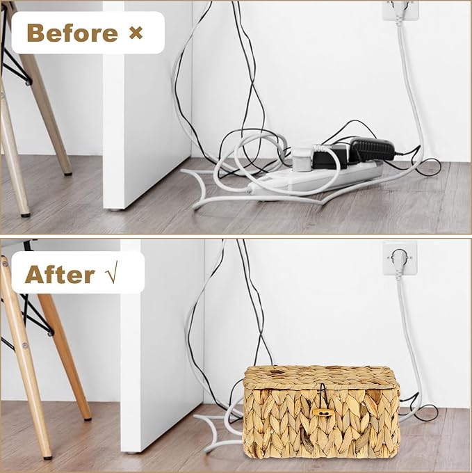 BTSKY Woven Cable Management Box with Lid Water Hyacinth Cord Organizer, S | Cable Organizer Box with 2-Open Slots to Hide Power Strips USB Hubs for Desk, Home & Office, Pet Proofing Cord Basket