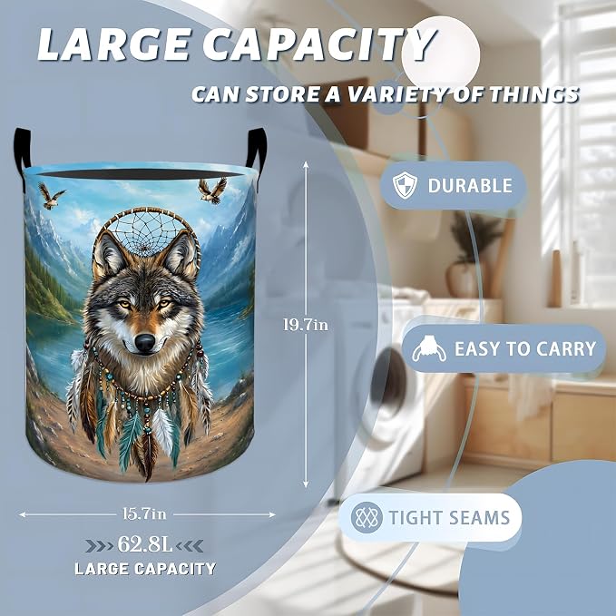Wolf Mountain Laundry Basket, Forest Animal Dreamcatcher Storage Hamper, Round Collapsible Waterproof Cloth Bin, 19.7x15.7 Inch Nature Clothes Organizer Gifts for Bathroom Decor