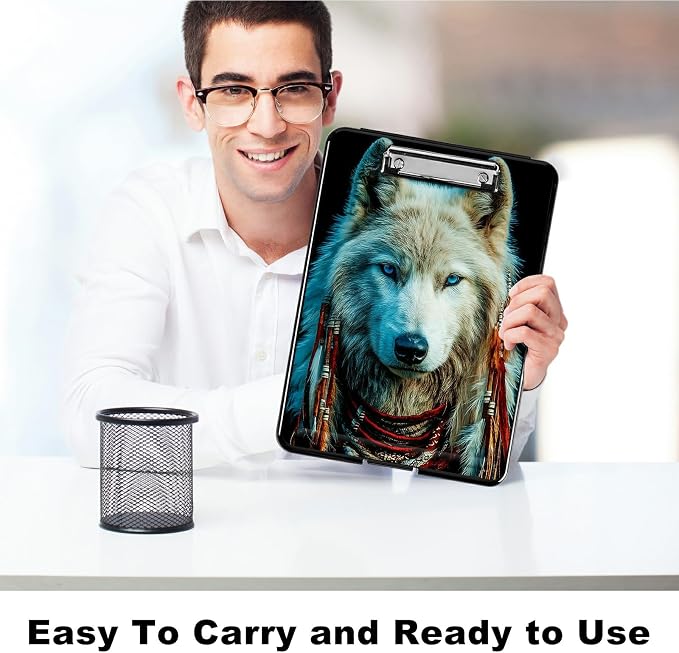 Heavy Duty Storage Clipboard, Slim Nursing Clipboard with Internal Pen Case, Portable File Organizer Case for A4 Letter Size Paper Office Medical Professionals, White Wolf Feathers