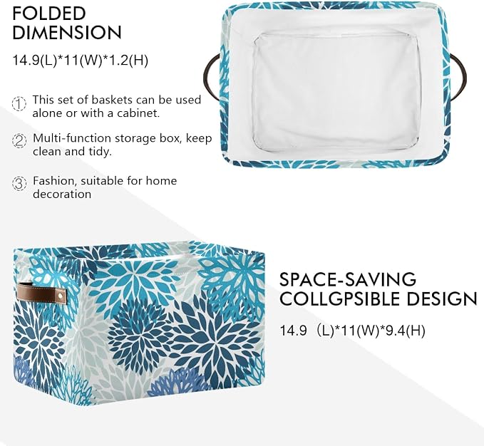 susiyo Large Foldable Storage Bin Blue Navy Chrysanthemum Flowers Fabric Storage Baskets Collapsible Decorative Baskets Organizing Basket Bin with PU Handles for Shelves Home Closet Bedroom-1Pack