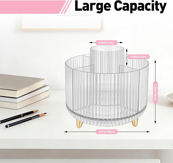 360 Rotating Pen Pencil Holder for Desk, Pen Organizer with 5 Slots | Makeup Brush Holder, Desk Organizer and Accessories, Cute Pencil Cup Caddy for Office School Home Decor Art Supply (Clear)