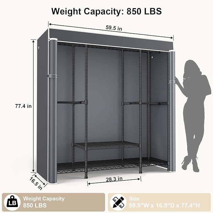 E3C Black Clothes Rack with Gray Cover, Heavy Duty Garment Rack | Freestanding Metal Closet System Storage Organizer for Clothing, Clothing Rack Holds up to 850 lbs, 59.5"W x 16.5"D x 77.4"H