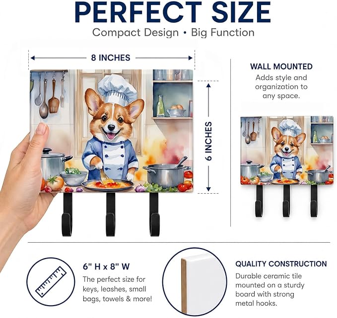 Caroline's Treasures Corgi The Chef Leash or Key Holder Wall Hooks, Key Hooks Holder, Coat Rack Wall Mount, Coat Hooks, Hooks for Hanging Keys, Towels, Aprons, Leashes | Corgi The Chef artwork on ceramic tile with three steel hooks for keys, leashes, t...