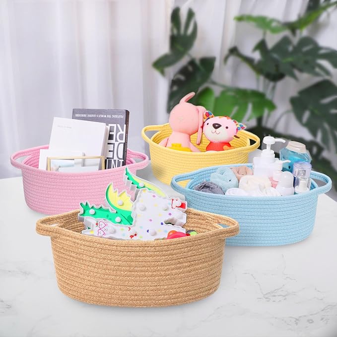 ABenkle Small Basket Empty Gift Basket, Decorative Boho Rope Woven Nursery Storage Organizer Dog Toy Baskets for Baby Showers Christmas Easter with Gift Bags and Ribbons, 12"X 8" X 5"