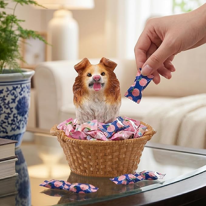 Cute Border Collie Candy Bowl, Resin Dog Figurine Key Bowl for Entryway Table, Desktop Storage Basket Organizer for Desk, Unique Dog Lover Gift