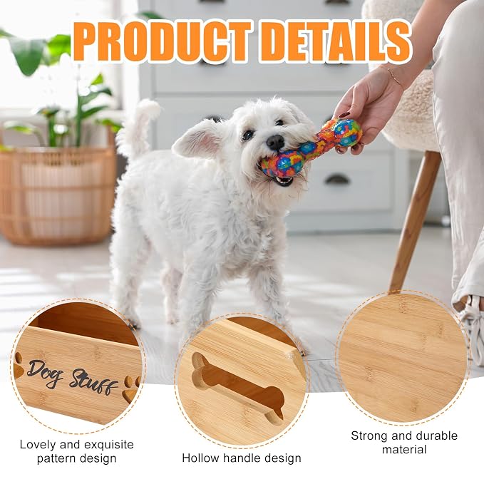 Leinuosen Large Dog Toy Bin Basket, 20 Inch Large Stuff Toy Storage Basket Bin with Bone Handle Cutout Pattern Bamboo Container for Organizing and Storage Dog Leash Chew Toys(Natural, Undivided)
