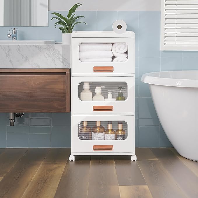 VECELO Plastic Storage Cabinet with Drawers, Stackable Storage Bins with Wheels, Waterproof Bathroom Storage Organizer, Multi-Tier Storage Drawers for Bedroom, Living Room, Kitchen, Medium 1-Tier