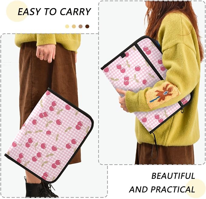 Cute Pink Cherry Berries Checkered File Organizer 13 Pocket Expanding File Folder with Front Pouch Portable Business Fire Storage Document Organizer Folder with Zipper
