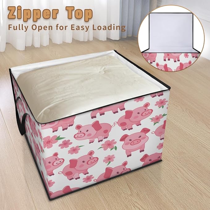 Pig Large Storage Bags, Fabric Bed Storage Containers, Foldable Closet Organizers for Blanket, Clothing, Comforter, Bedding, Pink
