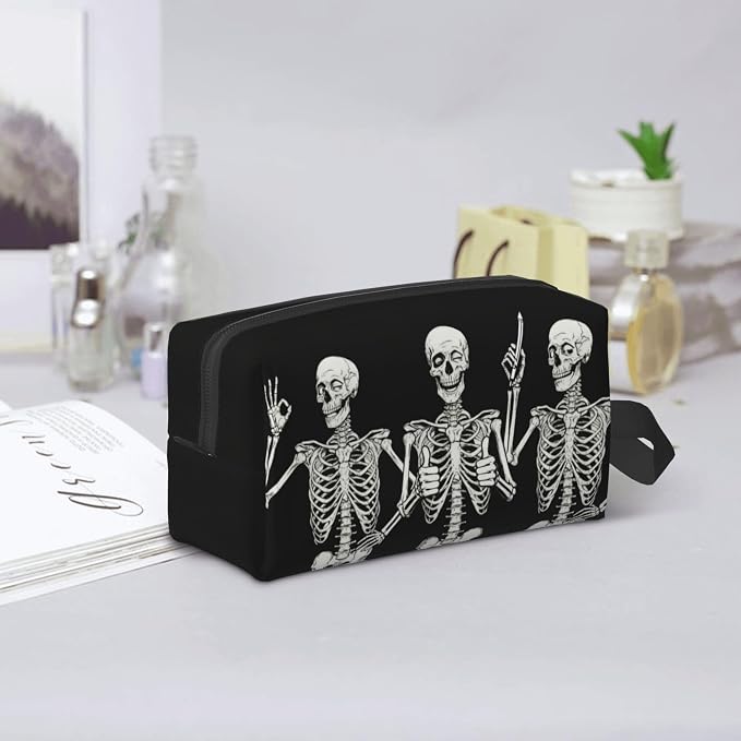 Spooky Halloween Skeleton Makeup Bag - Durable 600D Oxford Fabric Travel Cosmetic Bag, Shockproof Foam Padded Toiletry Organizer for Gym & Daily Use 10x6.2x4.9 Inch