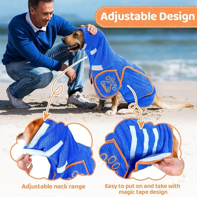 SlowTon Dog Bathrobe Drying Coat – Super Absorbent Microfiber Towel Wrap with Adjustable Collar & Belly Strap, Fast Drying Bath Robe for After Bath Swim, for Large, Medium, Small Dogs (Blue M)