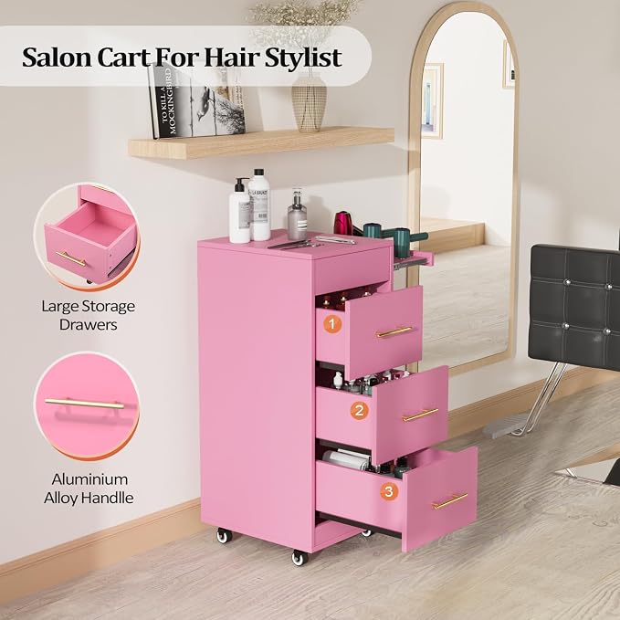 Salon Trolley Cart with Wheels, Wooden Hair Storage Cabinet, Stylist Cart Mobile Hairdressing Barber Station for Beauty Spa Barbershop, 3 Large Drawers, 3 Hot Tool Holders, Pink