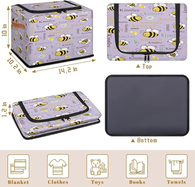 Custom Name Storage Bin with Lid Zipper, Personalized Rectangular Storage Basket with Handles for Organizing Girls Toys Office Closet Shelf Baskets, Cartoon Bee with Daisy Floral Light Purple
