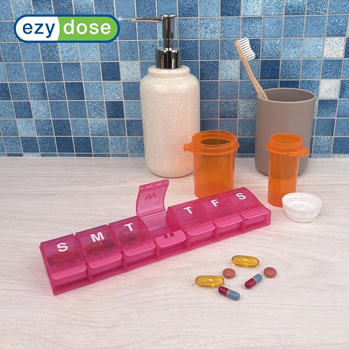 Ezy Dose Weekly (7-Day) Pill Organizer, X-Large Medicine Planner, Pink | Daily Vitamin & Supplement Case, Spacious Push-Button Compartments, Convenient & Easy to Use, Travel-Friendly, BPA-Free