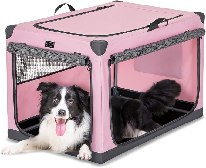 PETSFIT 36" Soft Portable Dog Crate – Patented Spiral Sturdy Frame, Collapsible Travel Kennel for Medium & Large Dogs, 3 Mesh Door, Lockable Zippers, Indoor & Car Use Pink